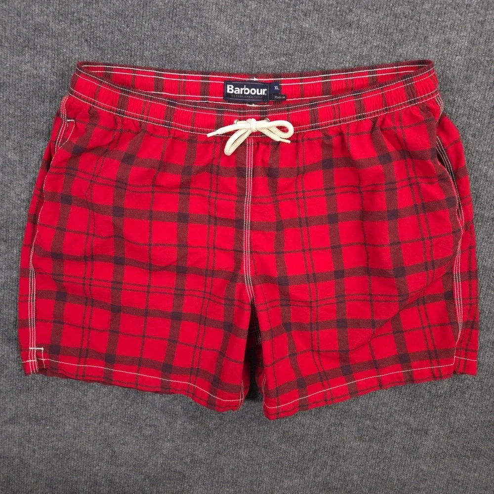 Barbour Swim Trunks Mens‎ XL Red Tartan Plaid Pockets Lined Stretch 5.5